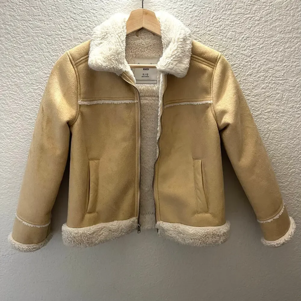 Abercrombie Kids Faux Shearling Aviator Jacket Tan Sherpa Lined 11/12 - Picture 3 of 8